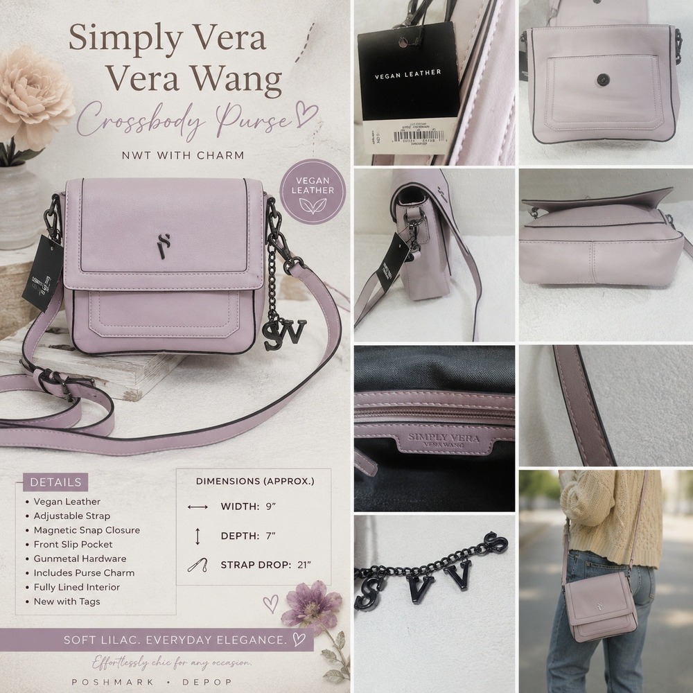 Simply Vera Vera Wang Lilac Vegan Leather Crossbody Purse NWT with Charm